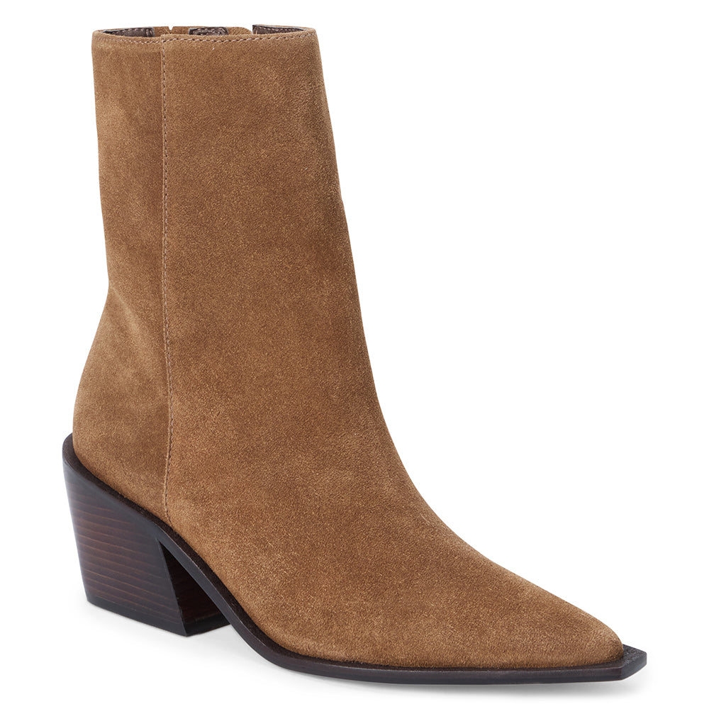 Brown suede ankle boot with a pointed toe, angled block heel, and minimalist upper shown on a white background.