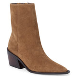 Brown suede ankle boot with a pointed toe, angled block heel, and minimalist upper shown on a white background.