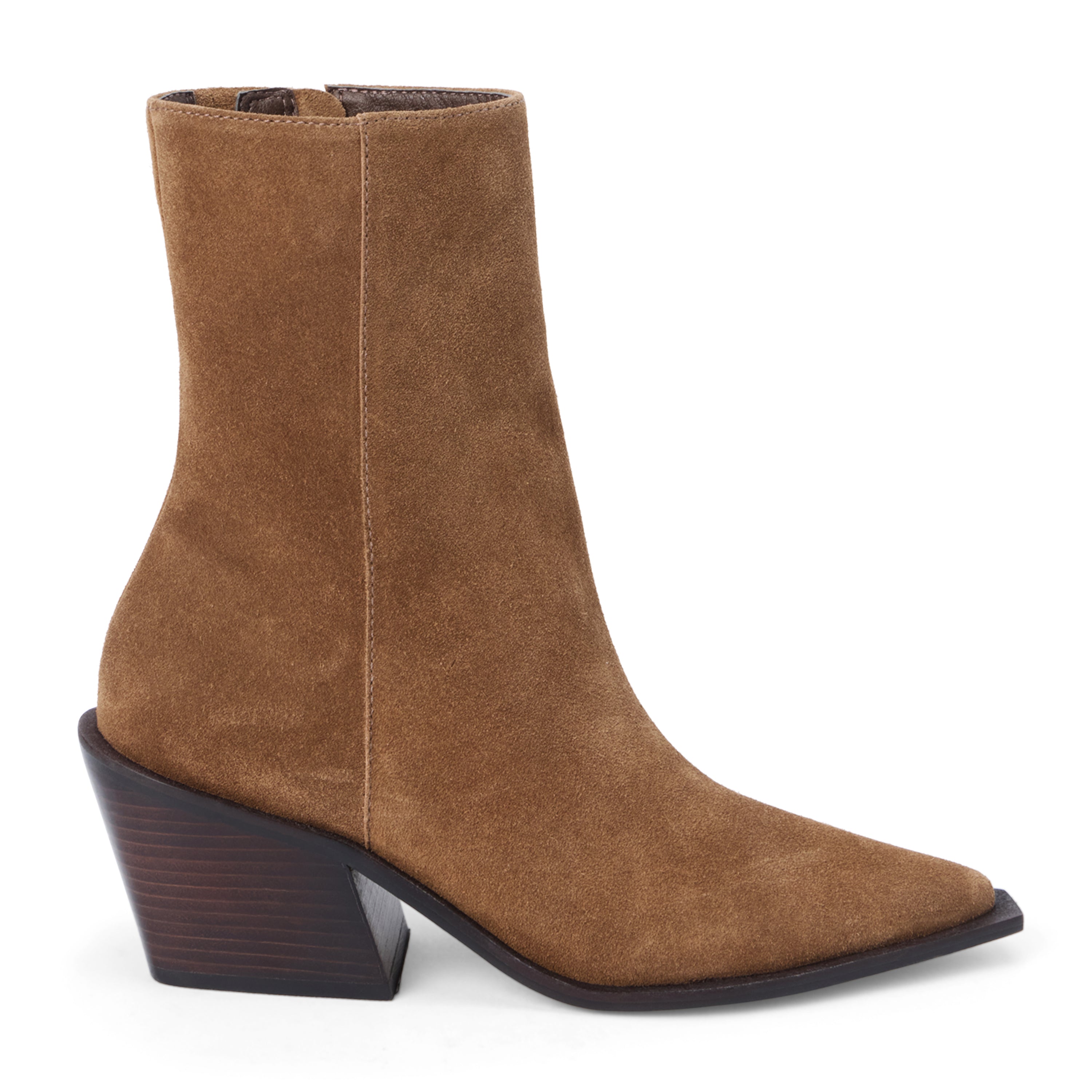 Brown suede ankle boot with a pointed toe, angled block heel, and minimalist upper shown on a white background.