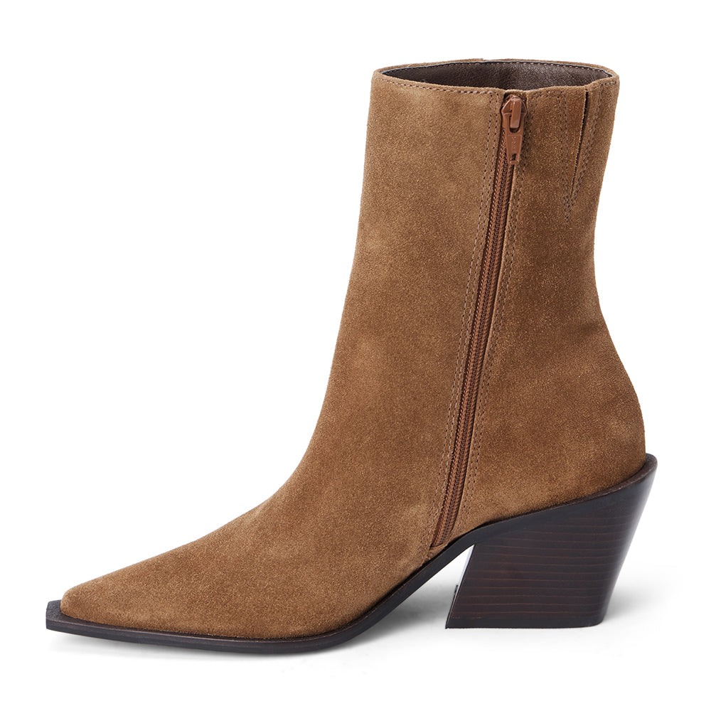 Brown suede ankle boot with a pointed toe, angled block heel, and minimalist upper shown on a white background.