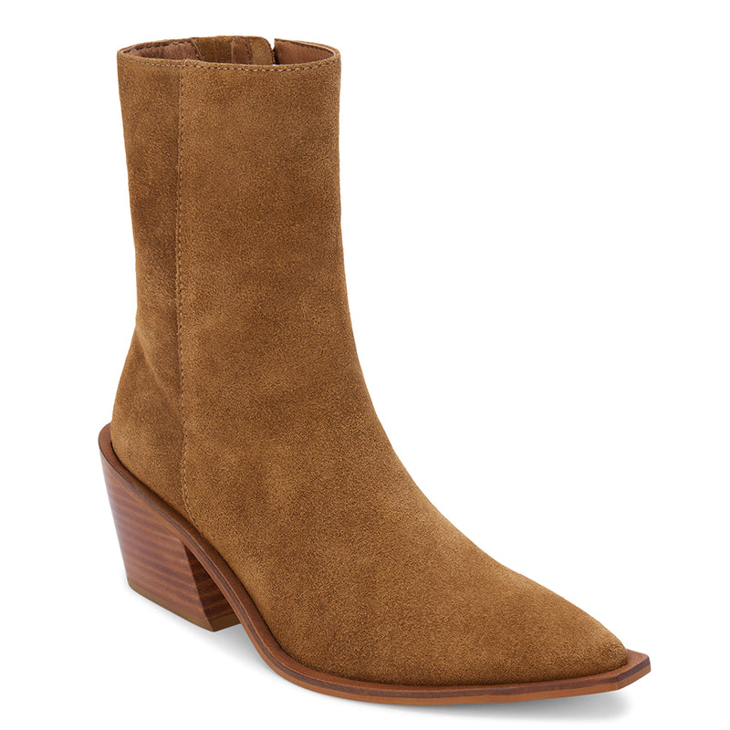 Cleo Ankle Boot – Matisse Footwear – Bourbon-colored suede boot with pointed toe, mid-height shaft, and sculpted western heel.