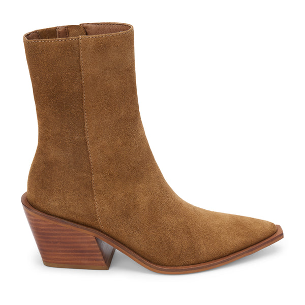 Cleo Ankle Boot – Matisse Footwear – Bourbon-colored suede boot with pointed toe, mid-height shaft, and sculpted western heel.
