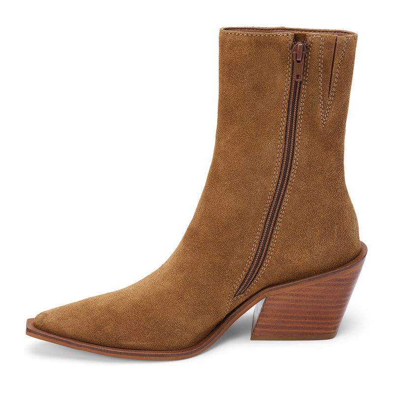 Cleo Ankle Boot – Matisse Footwear – Bourbon-colored suede boot with pointed toe, mid-height shaft, and sculpted western heel.