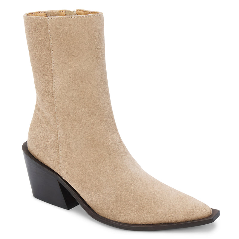 Cleo Ankle Boot – Matisse Footwear – Light taupe suede boot with pointed toe, mid-height shaft, and sculpted western heel.