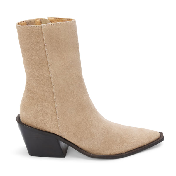 Cleo Ankle Boot – Matisse Footwear – Light taupe suede boot with pointed toe, mid-height shaft, and sculpted western heel.