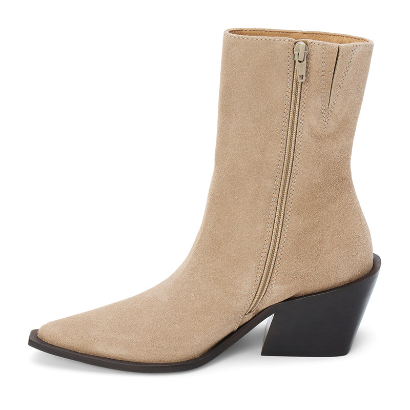 Cleo Ankle Boot – Matisse Footwear – Light taupe suede boot with pointed toe, mid-height shaft, and sculpted western heel.