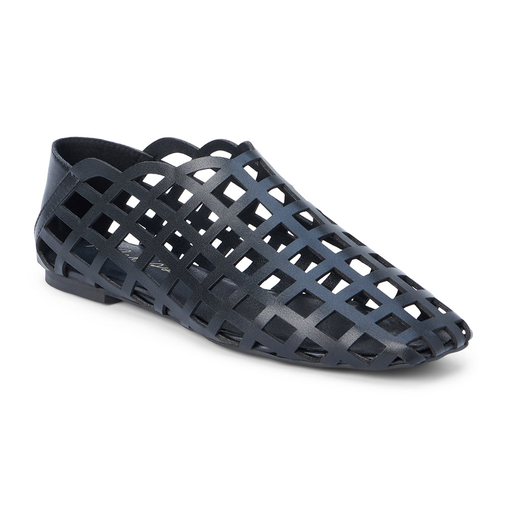 Black woven leather flat with a cage-style upper, almond toe, low profile sole, and closed heel, shown in side profile on a white background.