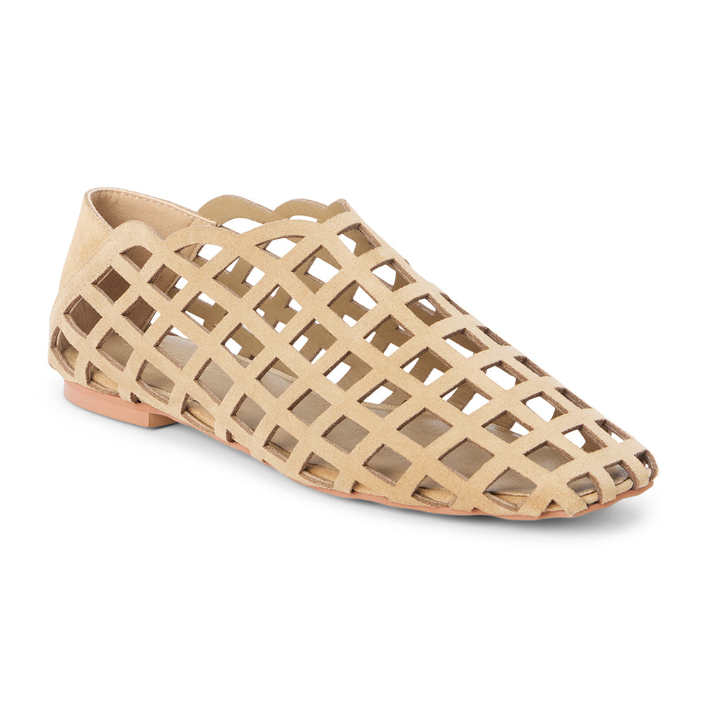 Light beige woven suede flat with a cage-style upper, almond toe, low profile sole, and closed heel, shown in side profile on a white background.