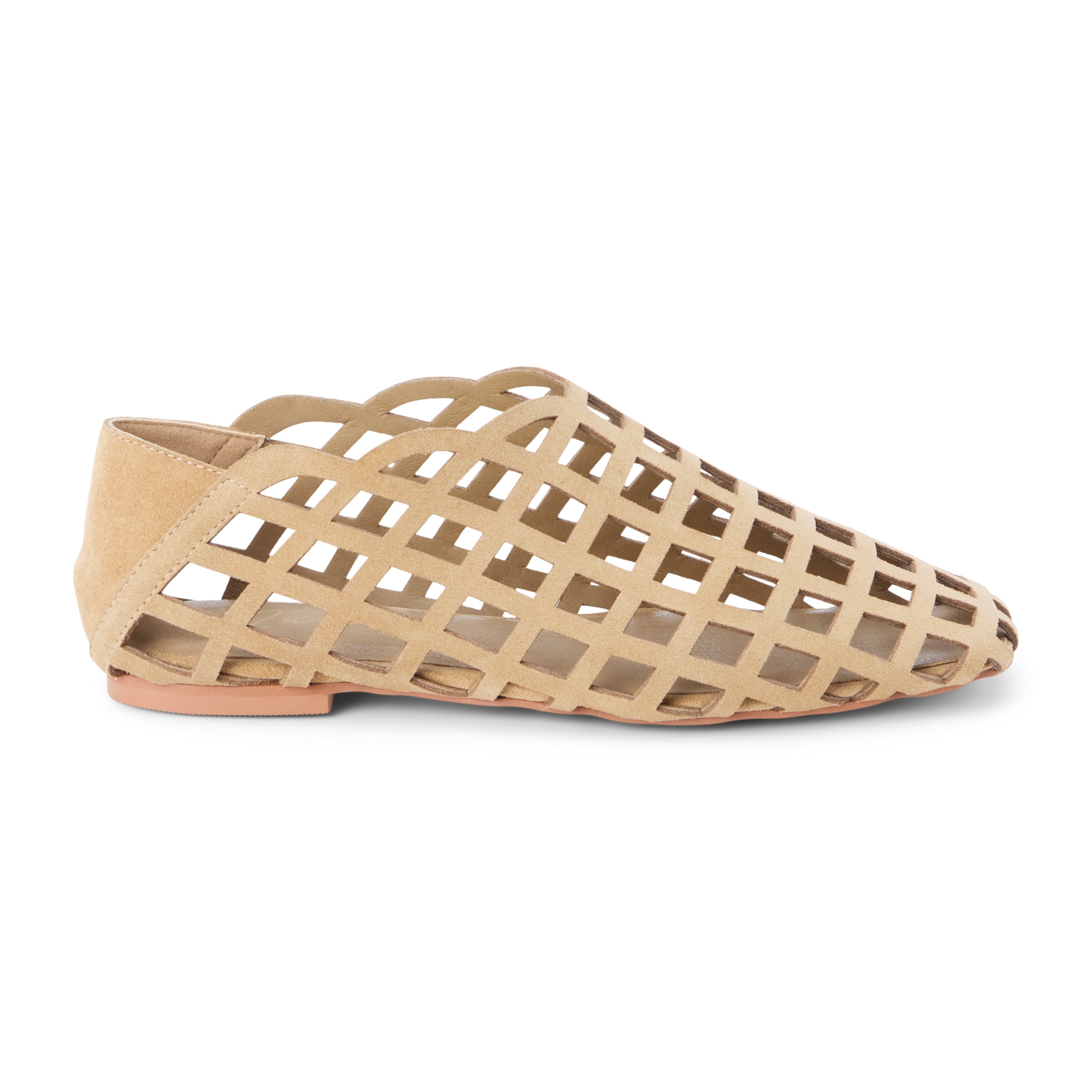 Light beige woven suede flat with a cage-style upper, almond toe, low profile sole, and closed heel, shown in side profile on a white background.