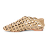 Light beige woven suede flat with a cage-style upper, almond toe, low profile sole, and closed heel, shown in side profile on a white background.