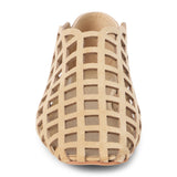 Light beige woven suede flat with a cage-style upper, almond toe, low profile sole, and closed heel, shown in side profile on a white background.