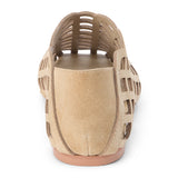 Light beige woven suede flat with a cage-style upper, almond toe, low profile sole, and closed heel, shown in side profile on a white background.