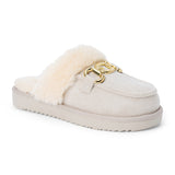 Vegan grey faux suede mule with plush faux-fur trim, gold-tone hardware, a moc toe, and platform sole shown on a white background.