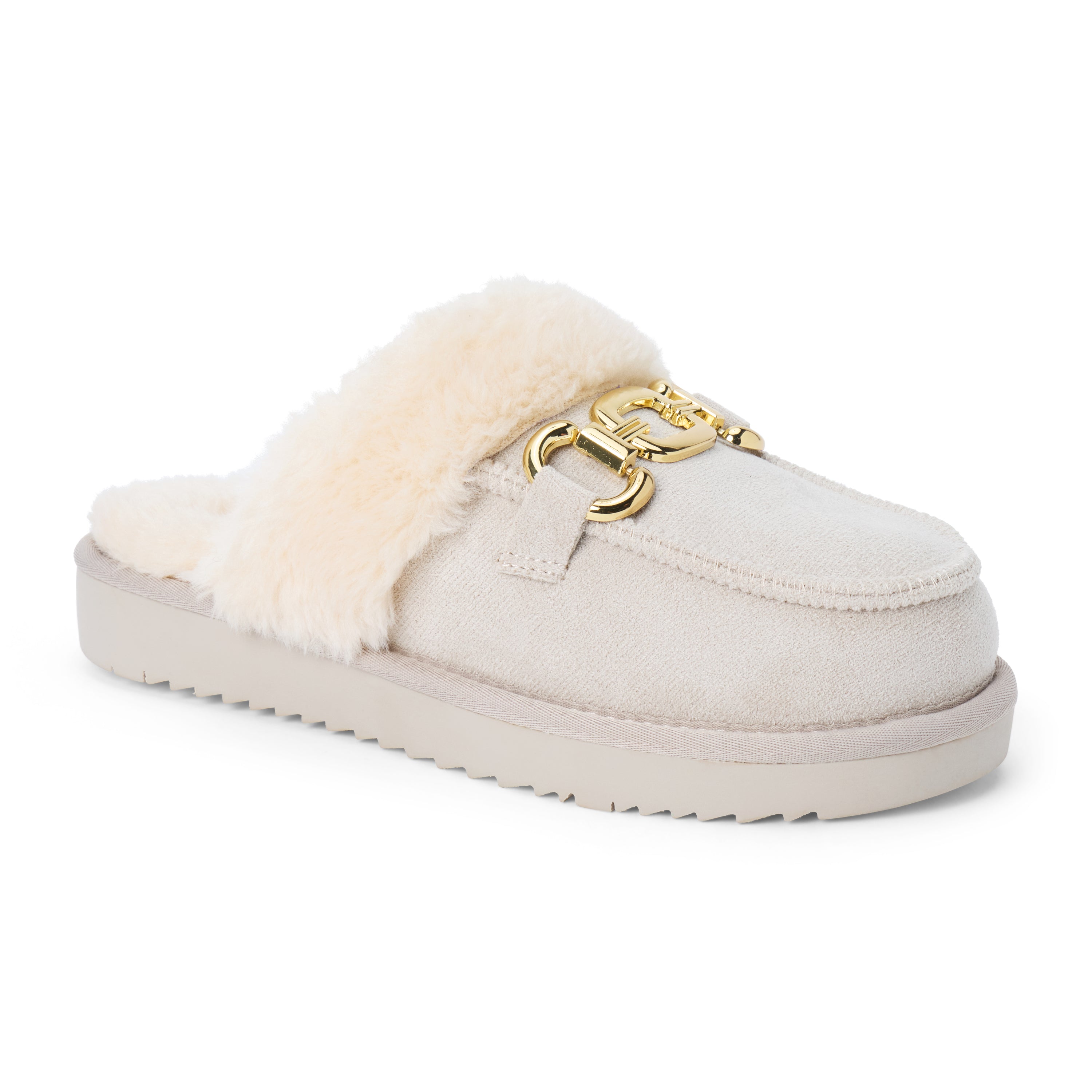 Vegan grey faux suede mule with plush faux-fur trim, gold-tone hardware, a moc toe, and platform sole shown on a white background.