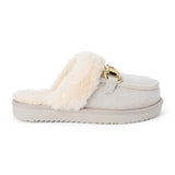Vegan grey faux suede mule with plush faux-fur trim, gold-tone hardware, a moc toe, and platform sole shown on a white background.
