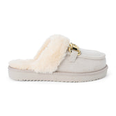 Vegan grey faux suede mule with plush faux-fur trim, gold-tone hardware, a moc toe, and platform sole shown on a white background.