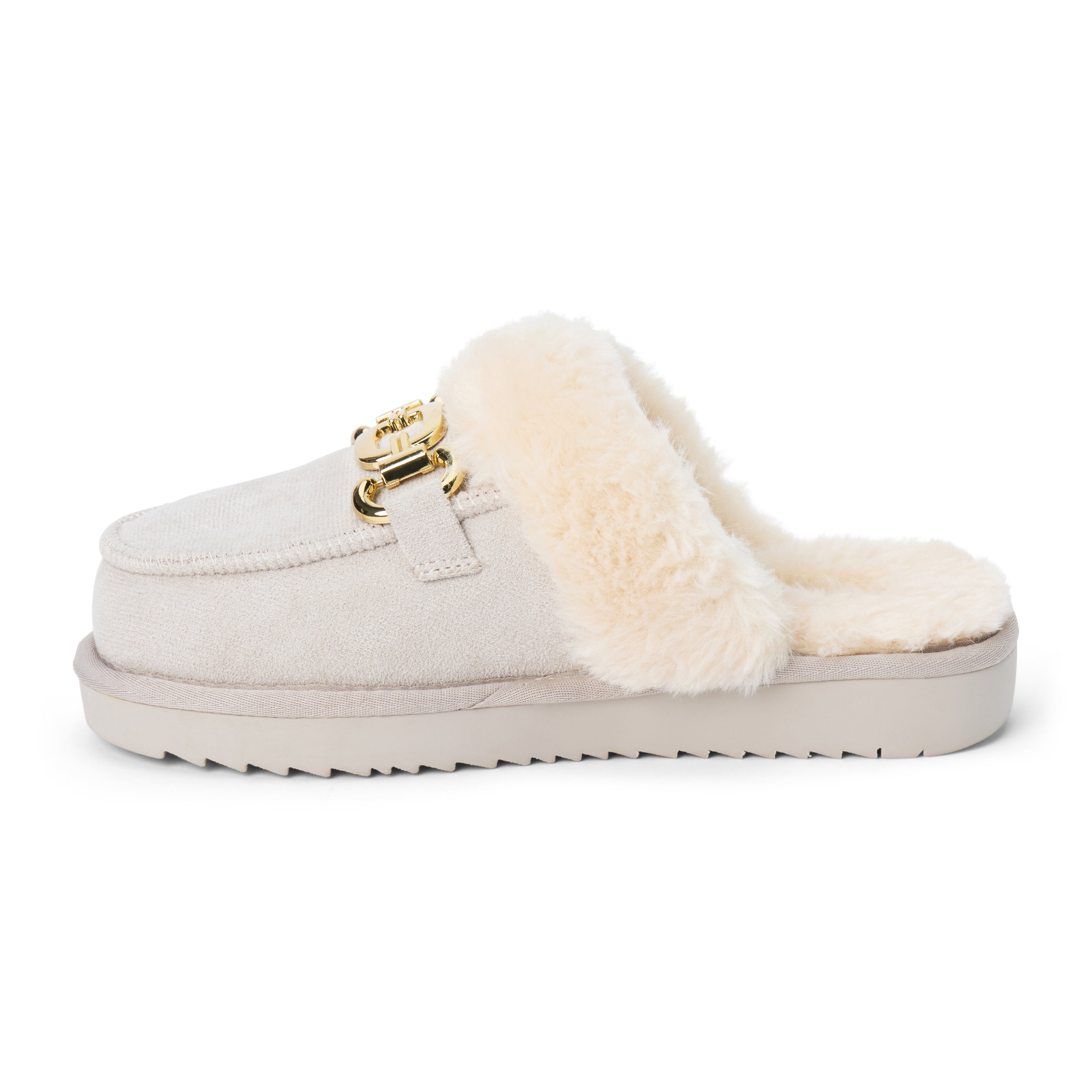 Vegan grey faux suede mule with plush faux-fur trim, gold-tone hardware, a moc toe, and platform sole shown on a white background.