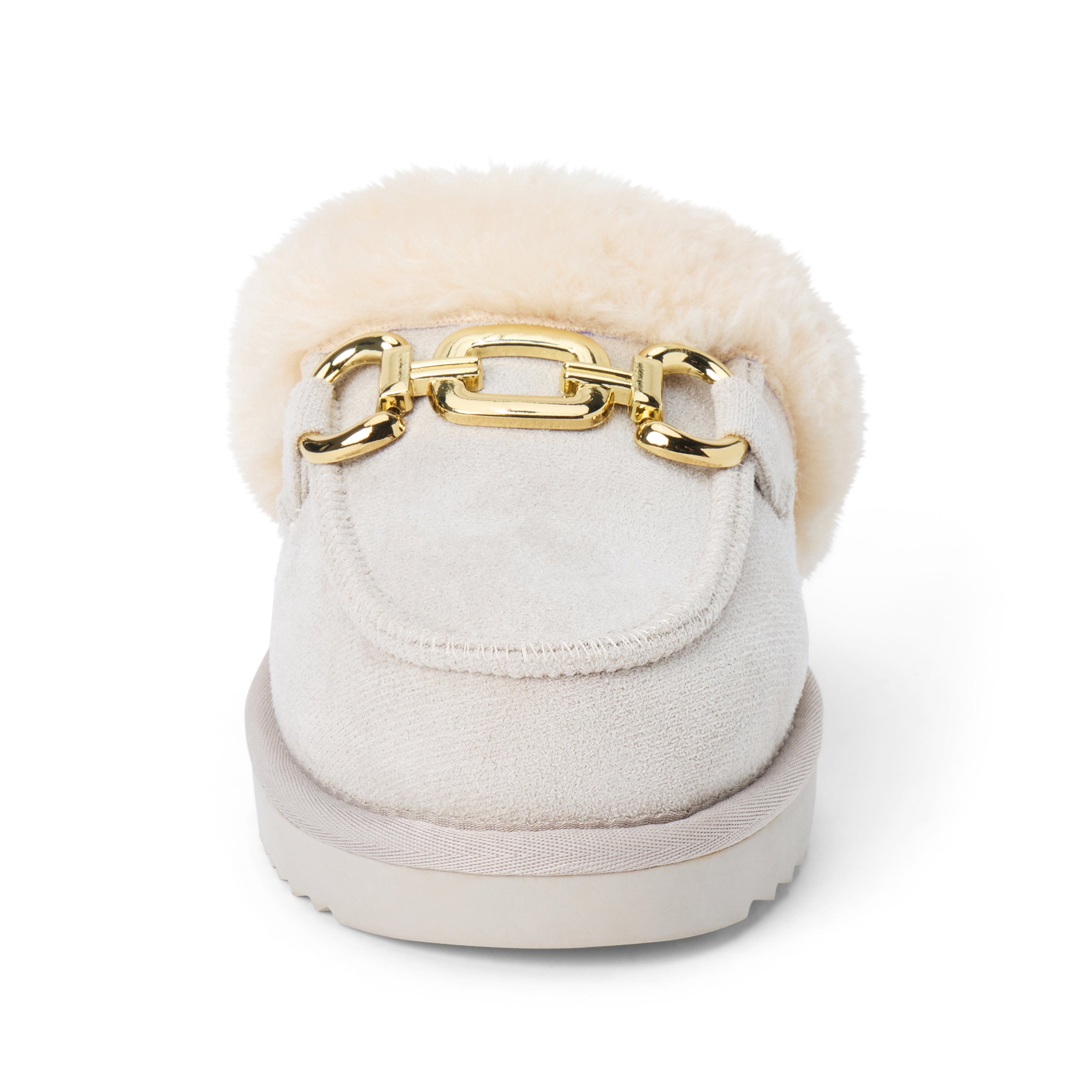 Vegan grey faux suede mule with plush faux-fur trim, gold-tone hardware, a moc toe, and platform sole shown on a white background.