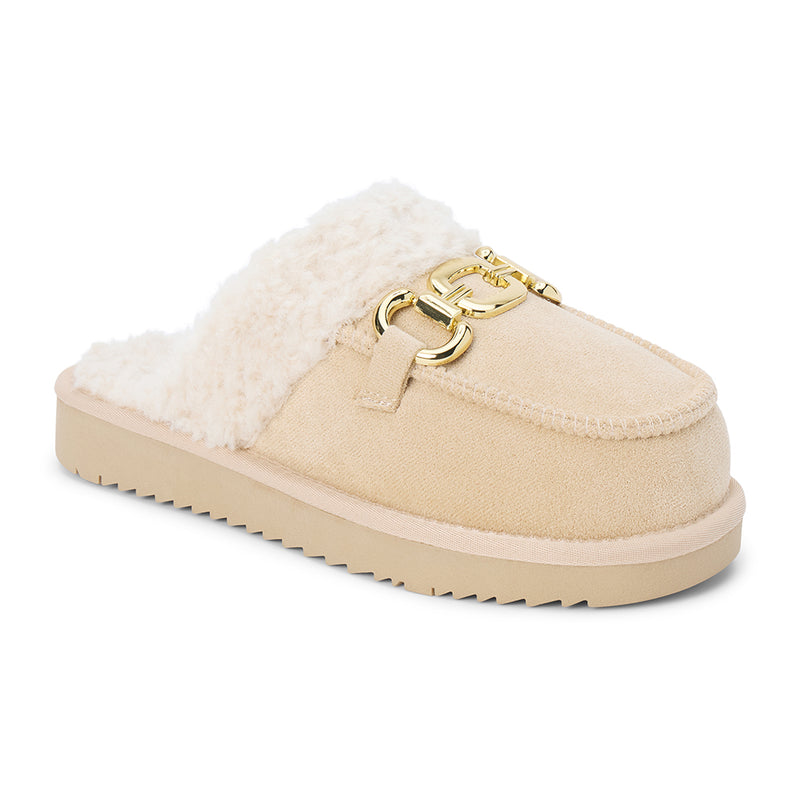 Davos Vegan Lounge Mule – Beach by Matisse – Beige faux suede mule with cozy shearling lining and gold horsebit hardware.