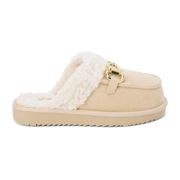 Davos Vegan Lounge Mule – Beach by Matisse – Beige faux suede mule with cozy shearling lining and gold horsebit hardware.