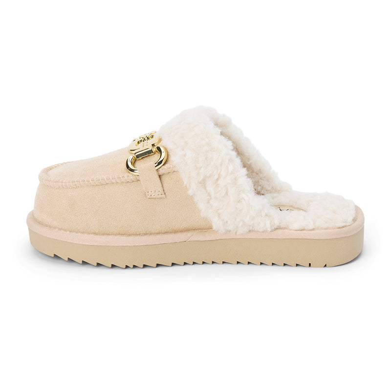 Davos Vegan Lounge Mule – Beach by Matisse – Beige faux suede mule with cozy shearling lining and gold horsebit hardware.