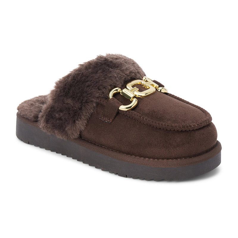 Davos Vegan Lounge Mule – Beach by Matisse – Dark brown faux suede mule with cozy shearling lining and gold horsebit hardware.