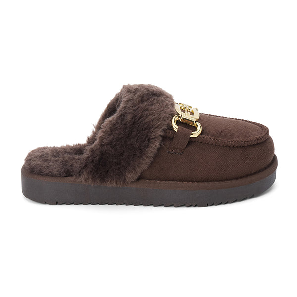 Davos Vegan Lounge Mule – Beach by Matisse – Dark brown faux suede mule with cozy shearling lining and gold horsebit hardware.