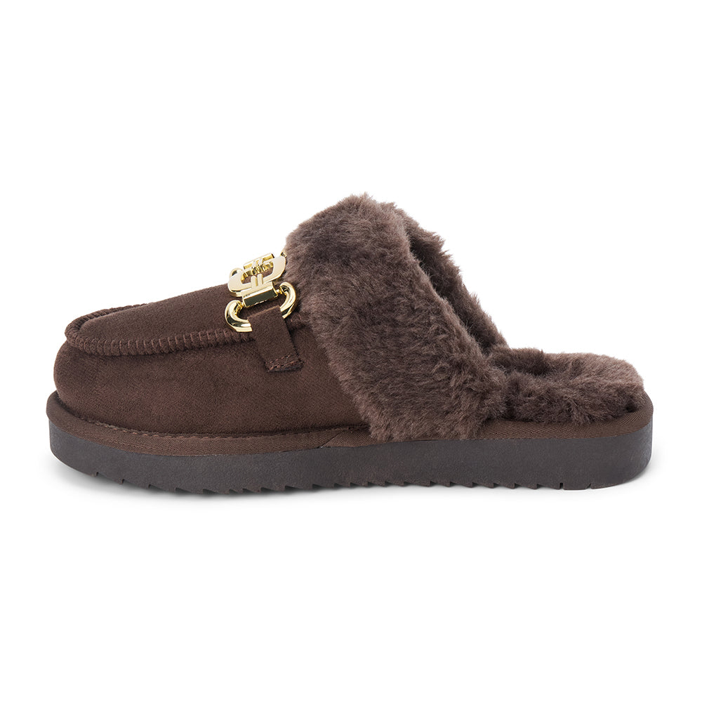 Davos Vegan Lounge Mule – Beach by Matisse – Dark brown faux suede mule with cozy shearling lining and gold horsebit hardware.