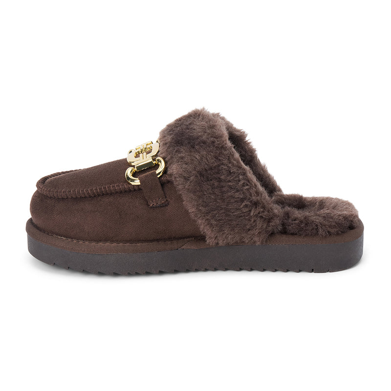 Davos Vegan Lounge Mule – Beach by Matisse – Dark brown faux suede mule with cozy shearling lining and gold horsebit hardware.