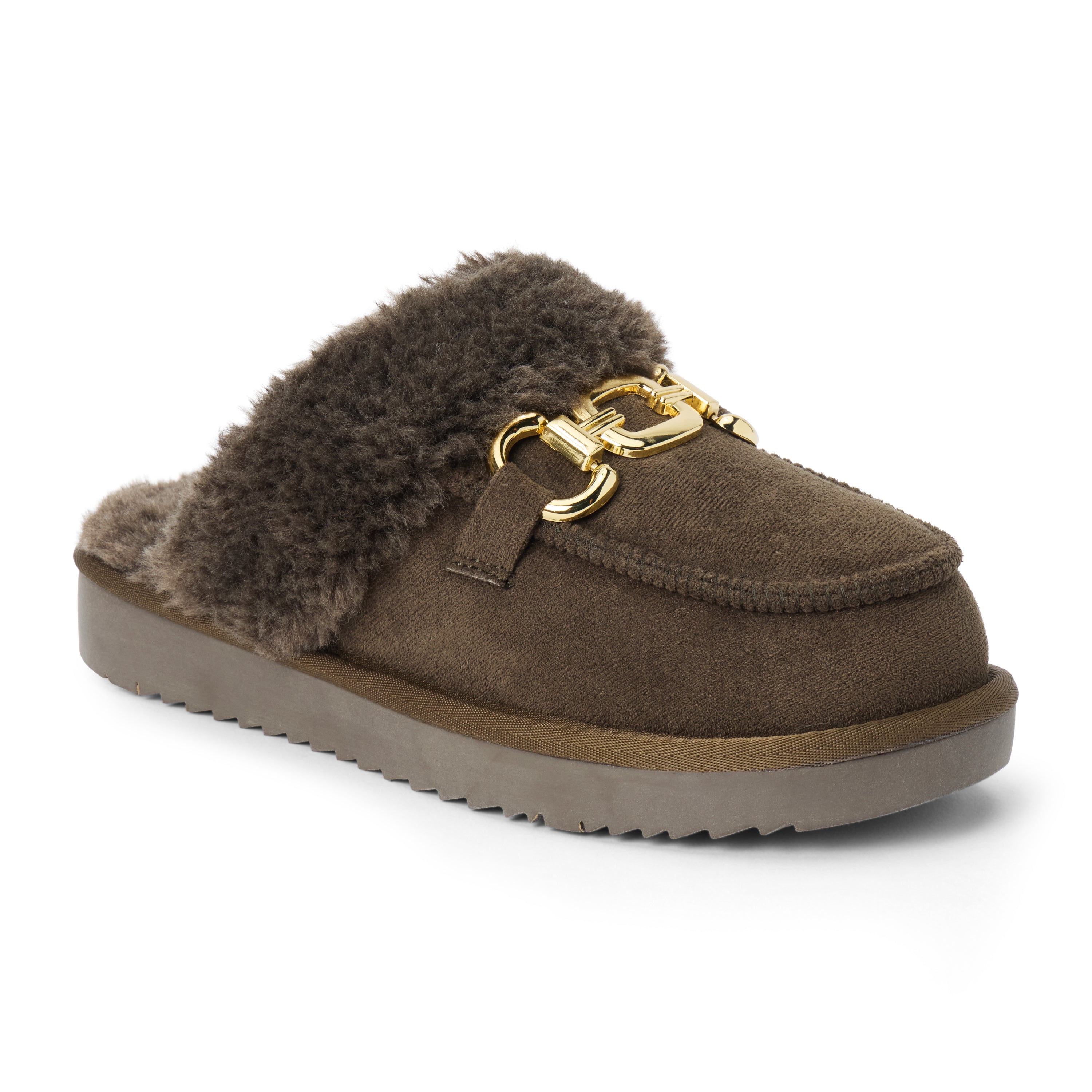 Vegan brown faux suede mule with plush faux-fur trim, gold-tone hardware, a moc toe, and platform sole shown on a white background.