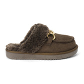 Vegan brown faux suede mule with plush faux-fur trim, gold-tone hardware, a moc toe, and platform sole shown on a white background.