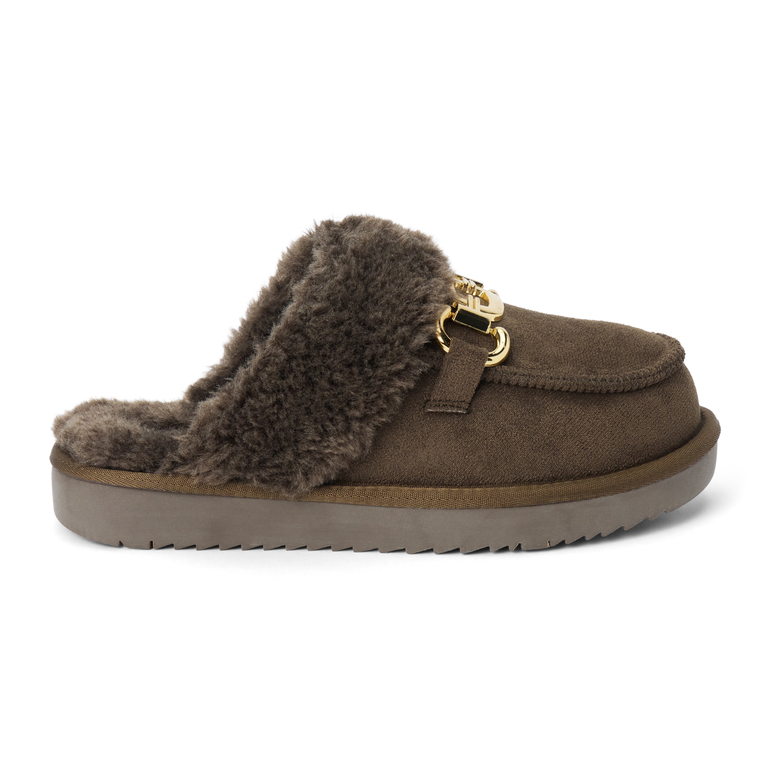 Vegan brown faux suede mule with plush faux-fur trim, gold-tone hardware, a moc toe, and platform sole shown on a white background.