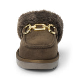 Vegan brown faux suede mule with plush faux-fur trim, gold-tone hardware, a moc toe, and platform sole shown on a white background.