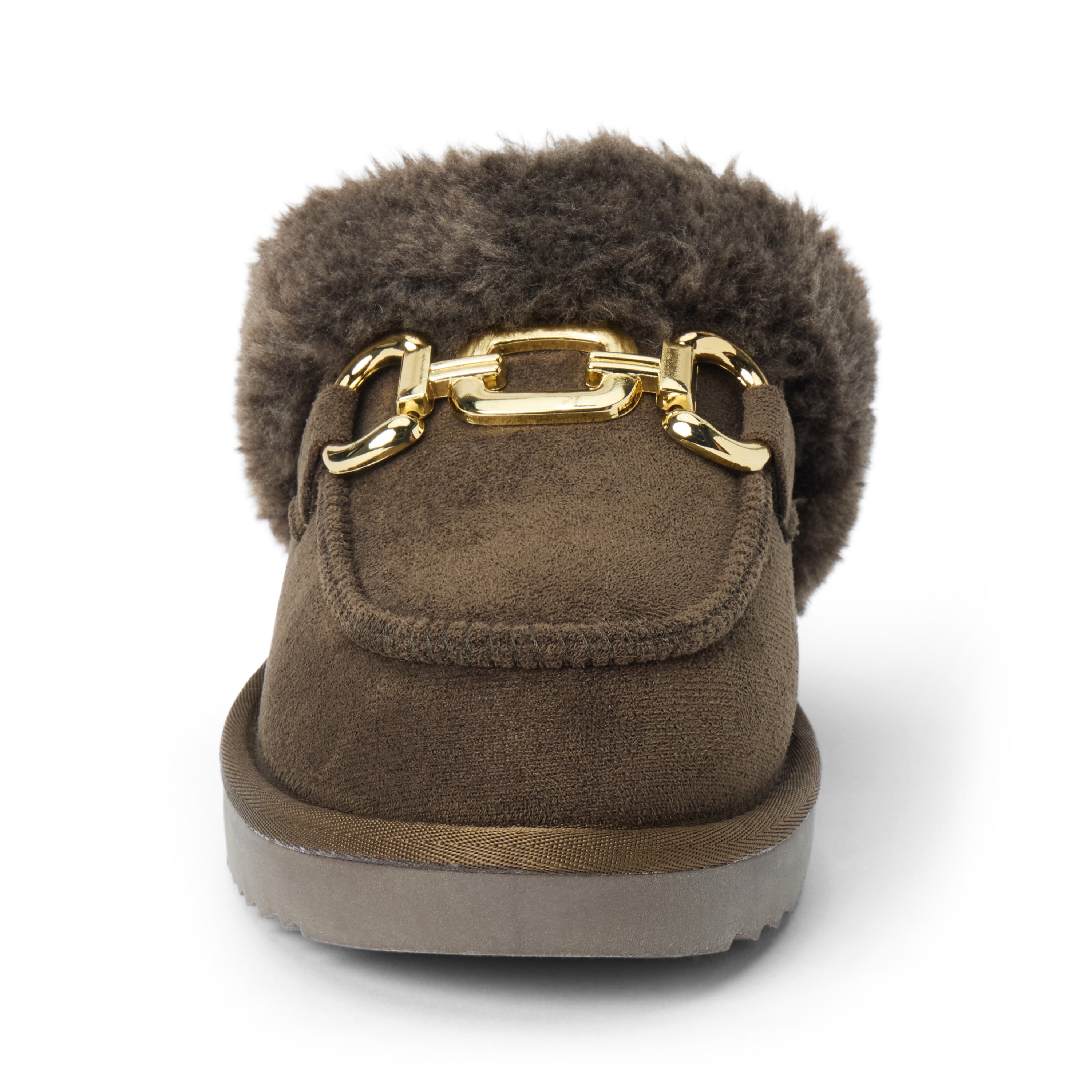 Vegan brown faux suede mule with plush faux-fur trim, gold-tone hardware, a moc toe, and platform sole shown on a white background.