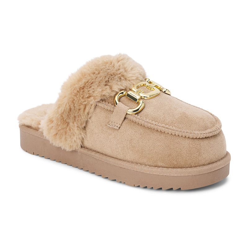 Davos Vegan Lounge Mule – Beach by Matisse – Taupe faux suede mule with cozy shearling lining and gold horsebit hardware.
