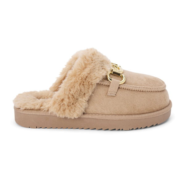 Davos Vegan Lounge Mule – Beach by Matisse – Taupe faux suede mule with cozy shearling lining and gold horsebit hardware.