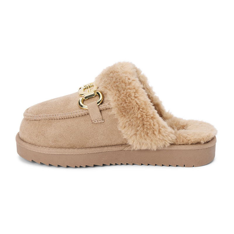 Davos Vegan Lounge Mule – Beach by Matisse – Taupe faux suede mule with cozy shearling lining and gold horsebit hardware.