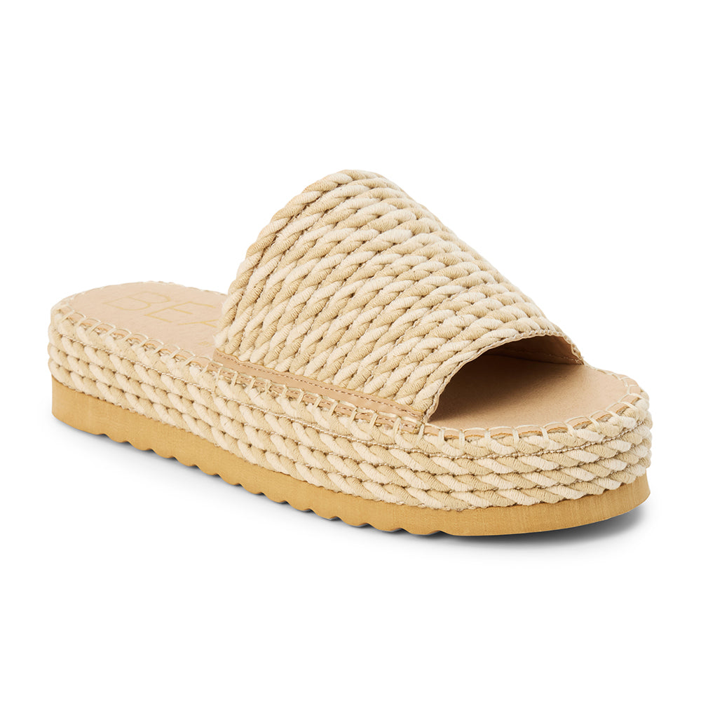 Tan platform slide sandal with woven vegan textile upper and rope-style platform, shown on a white background.