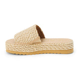 Tan platform slide sandal with woven vegan textile upper and rope-style platform, shown on a white background.