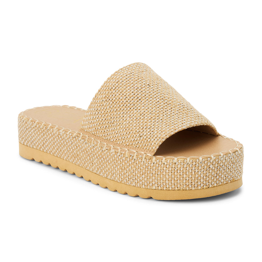 Gold platform slide sandal with woven vegan jute upper and thick sole, shown on a white background.