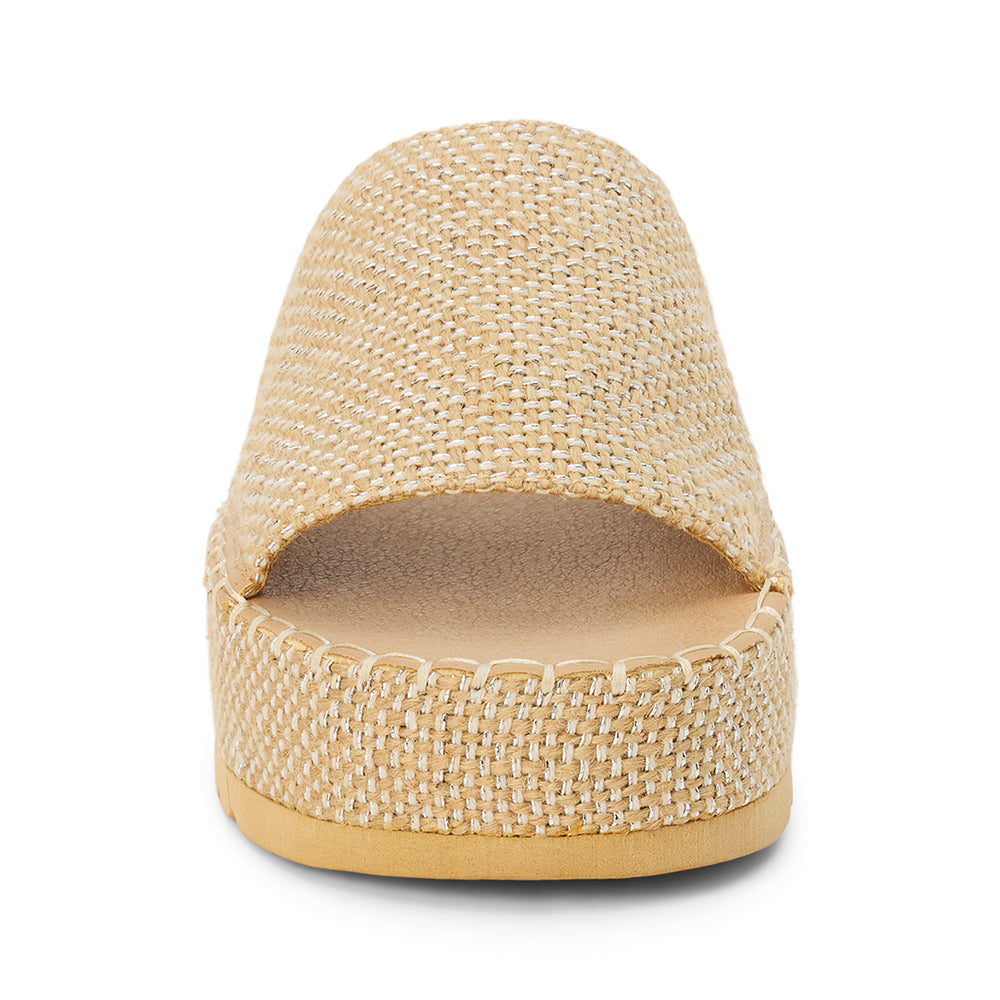 Gold platform slide sandal with woven vegan jute upper and thick sole, shown on a white background.