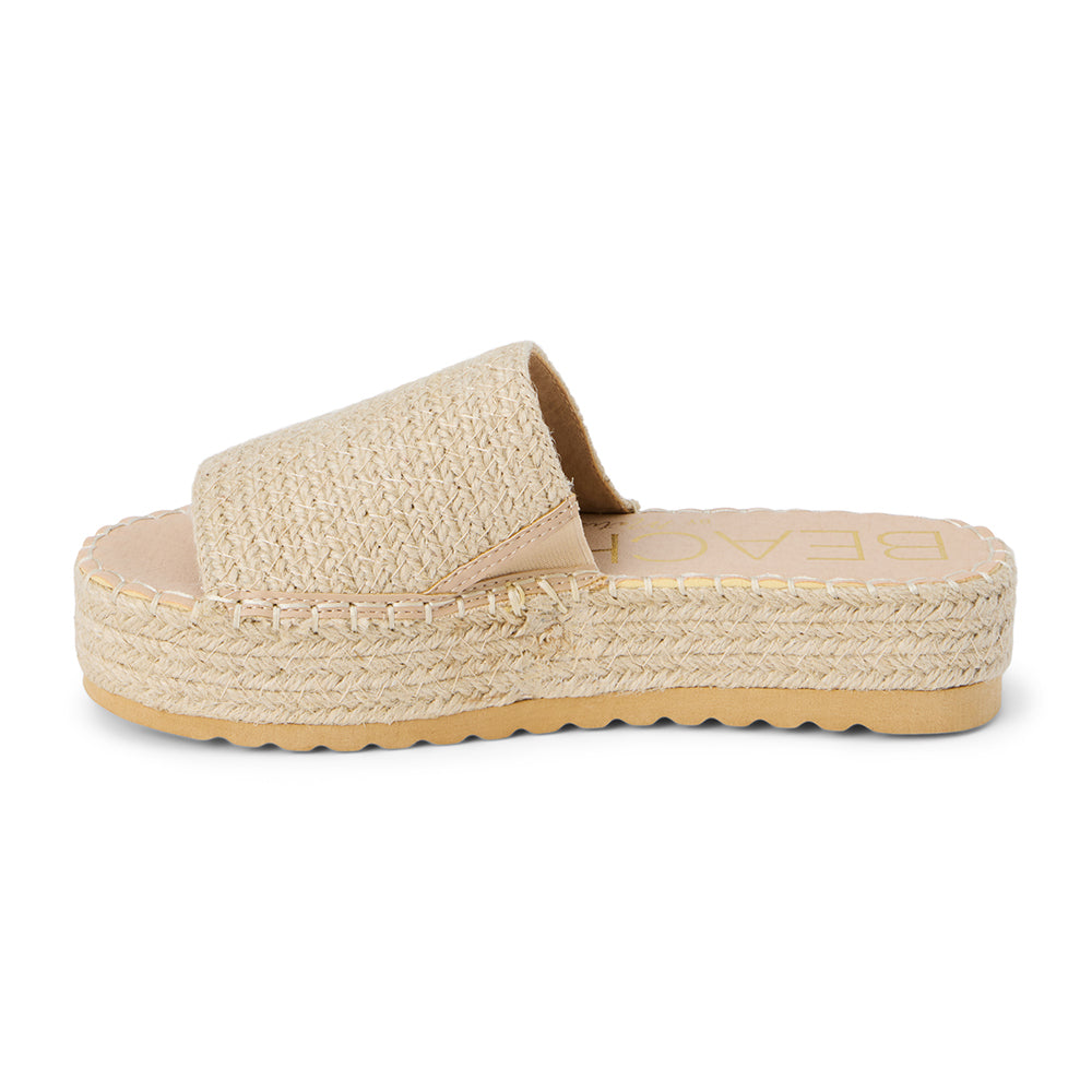 Ivory platform slide sandal with woven vegan jute upper and thick sole, shown on a white background.