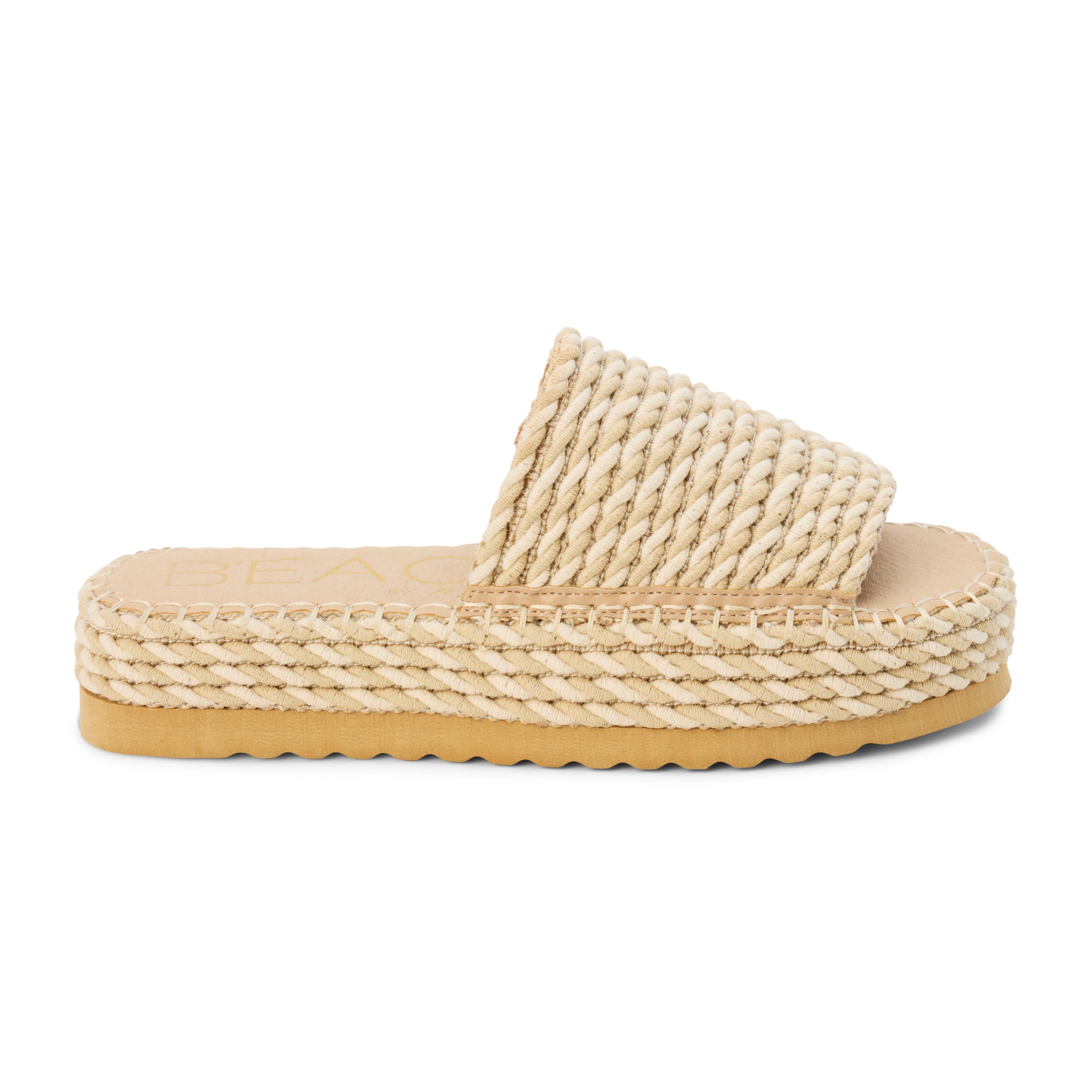 Tan platform slide sandal with woven vegan textile upper and rope-style platform, shown on a white background.