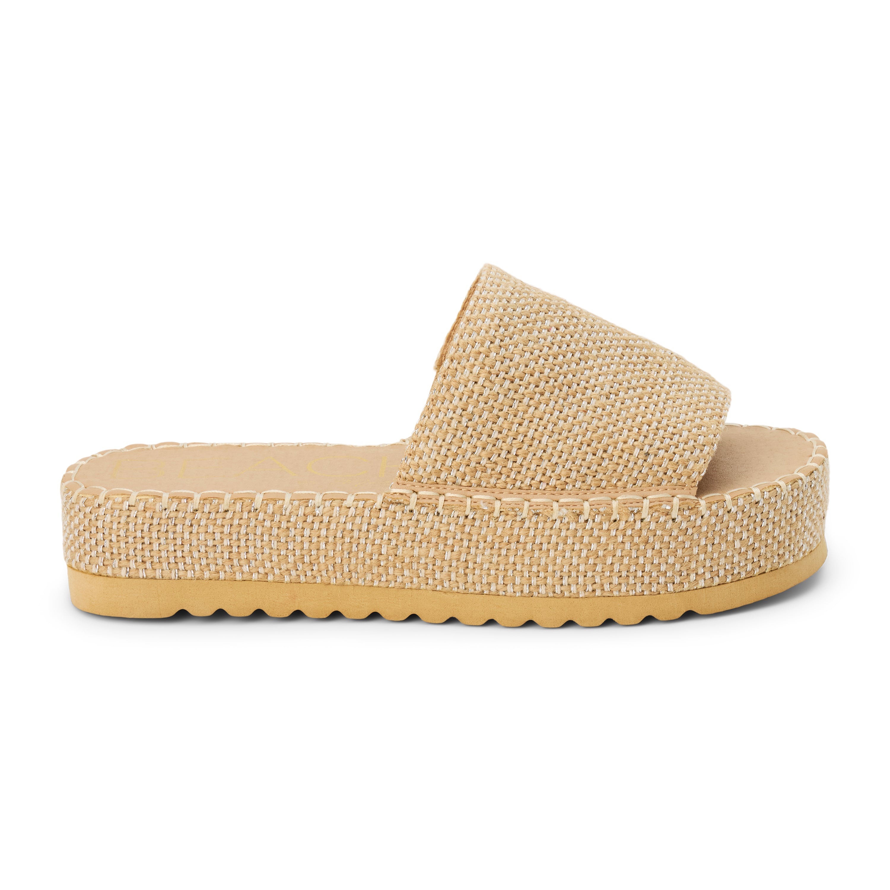 Gold platform slide sandal with woven vegan jute upper and thick sole, shown on a white background.