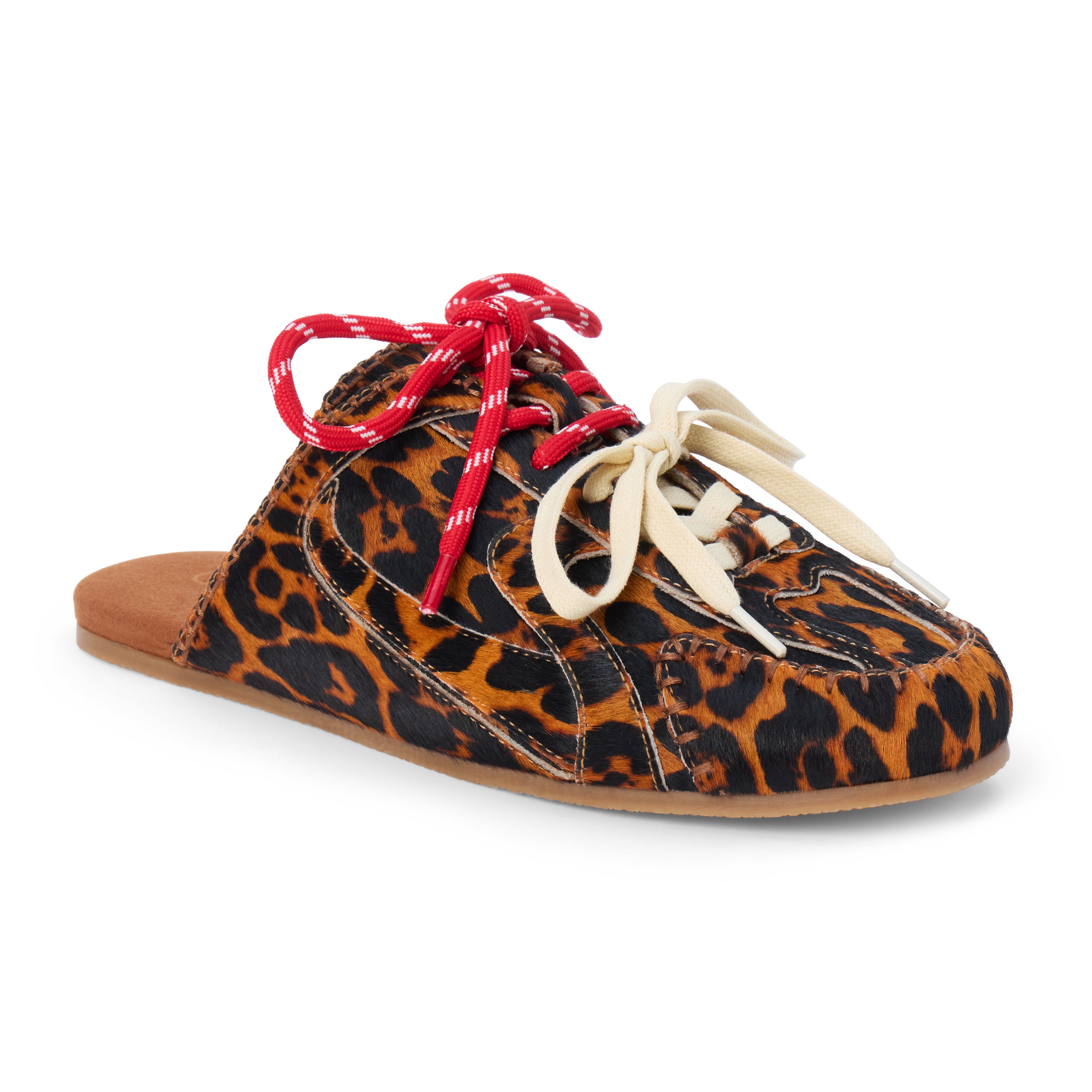 Brown and black animal-print cow hair sneaker mule with contrasting red and ivory laces and a flat sole shown on a white background.