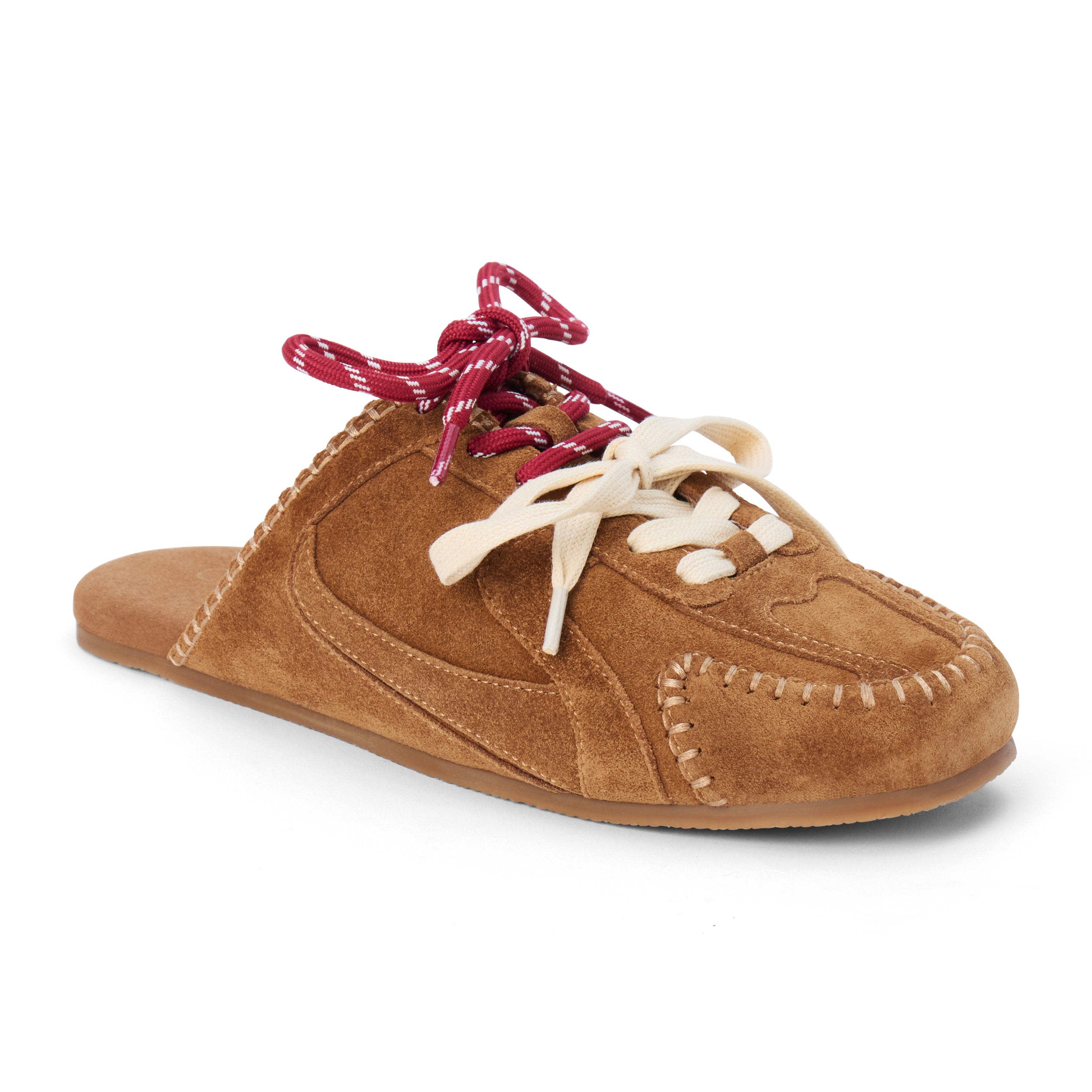 Brown suede sneaker mule with contrasting burgundy and ivory laces, stitched trim, and a flat sole shown on a white background.