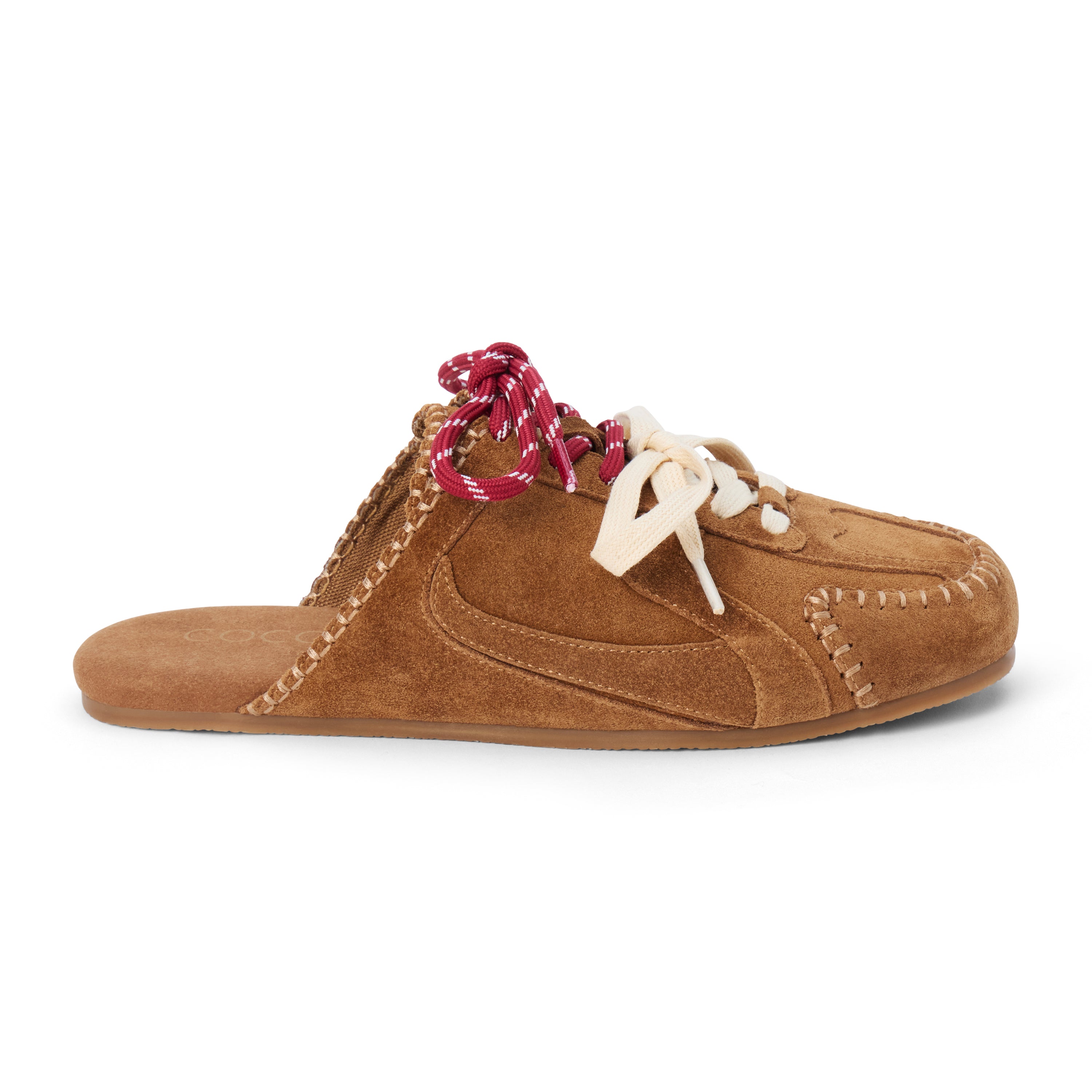 Brown suede sneaker mule with contrasting burgundy and ivory laces, stitched trim, and a flat sole shown on a white background.