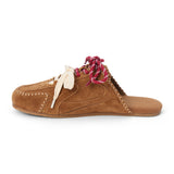 Brown suede sneaker mule with contrasting burgundy and ivory laces, stitched trim, and a flat sole shown on a white background.
