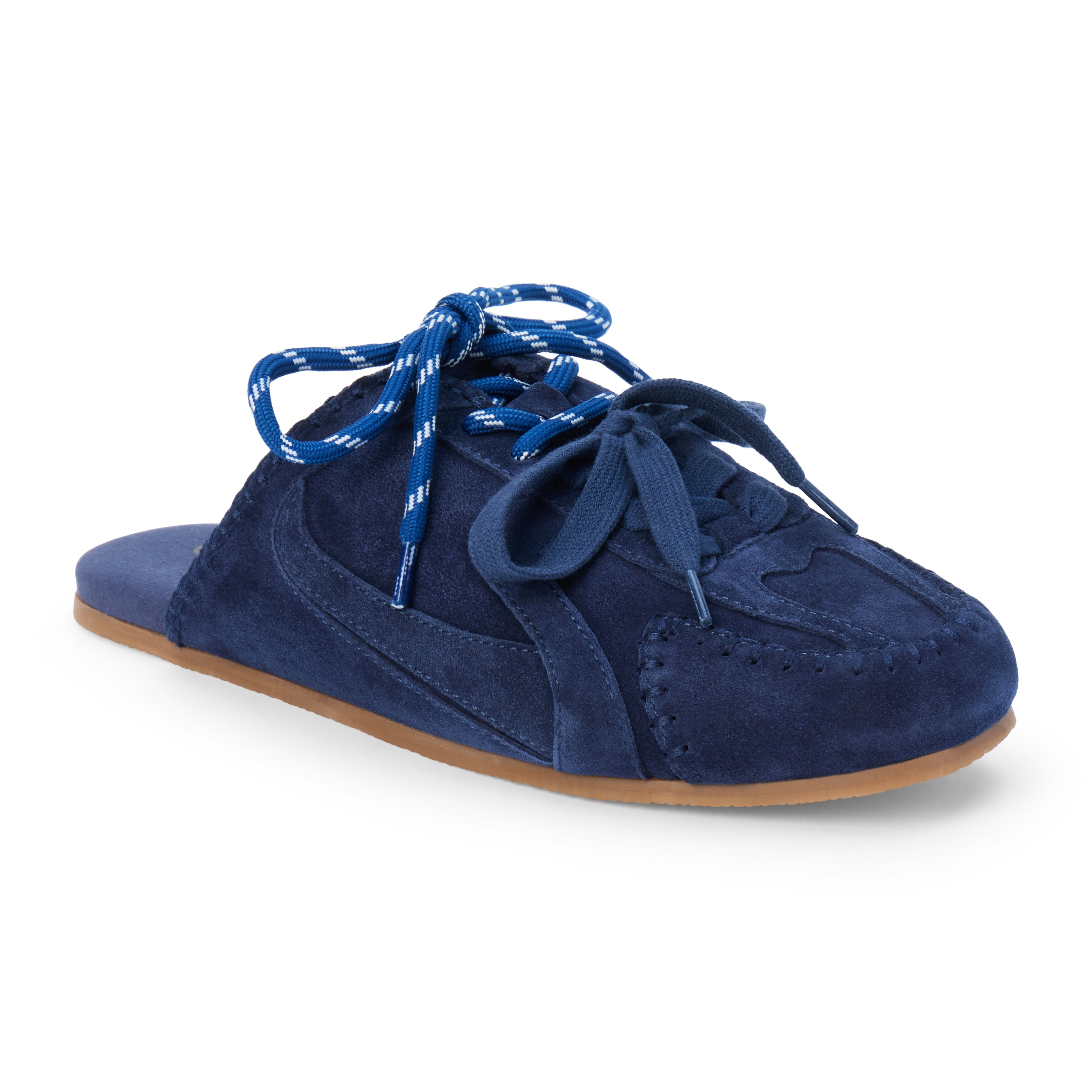 Blue suede sneaker mule with tonal blue laces, stitched trim, and a flat sole shown on a white background.