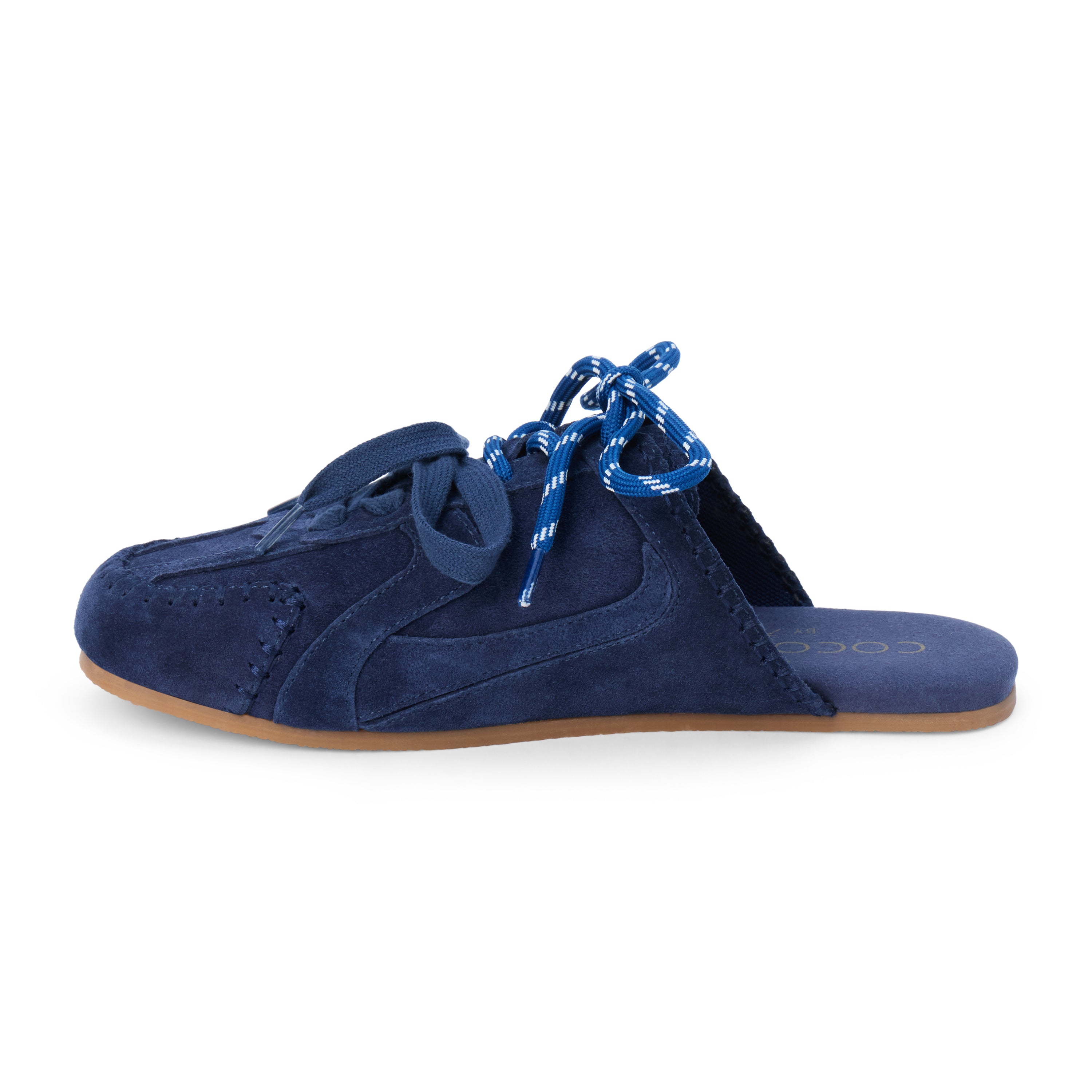 Blue suede sneaker mule with tonal blue laces, stitched trim, and a flat sole shown on a white background.